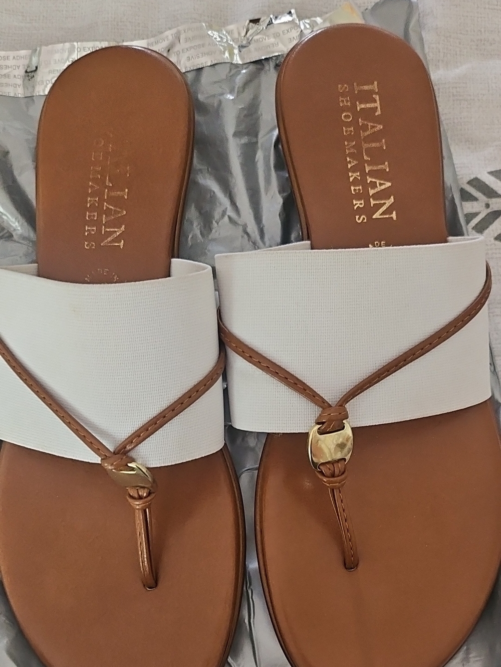 Italian Shoemakers White and Tan Leather Slide Sandals with Gold Accent
